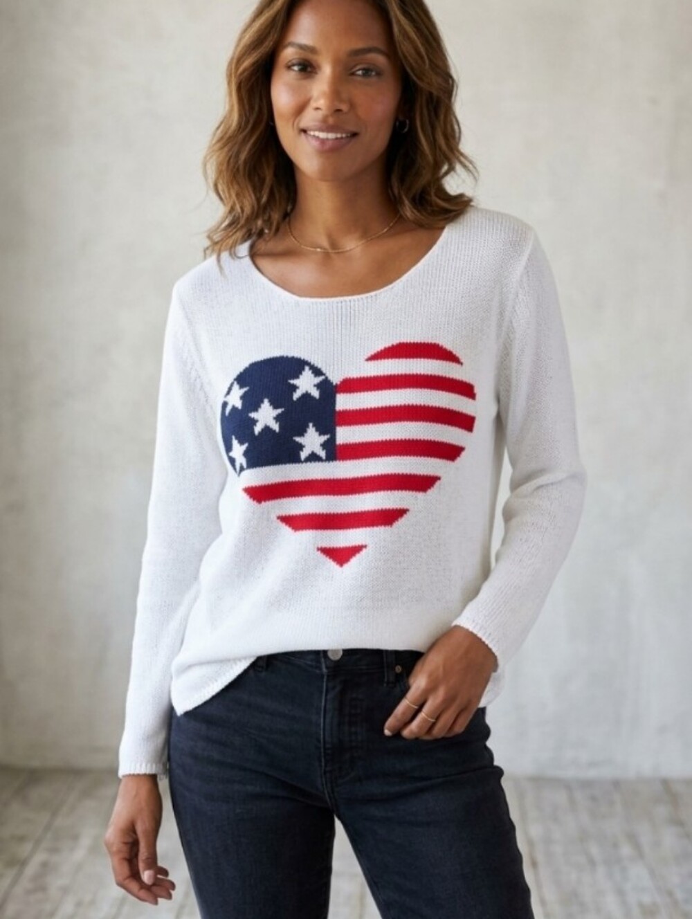 Miracle White Scoop Neck Sweater with Red & Blue Heart Flag Graphic NWT Size L